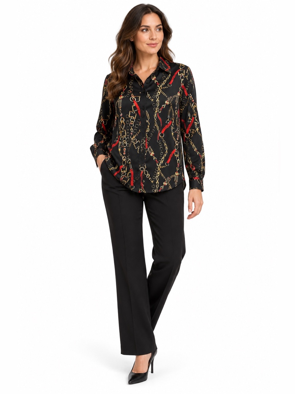 Boohoo Petite Black Chain-Print Button Down Shirt with Red Accents